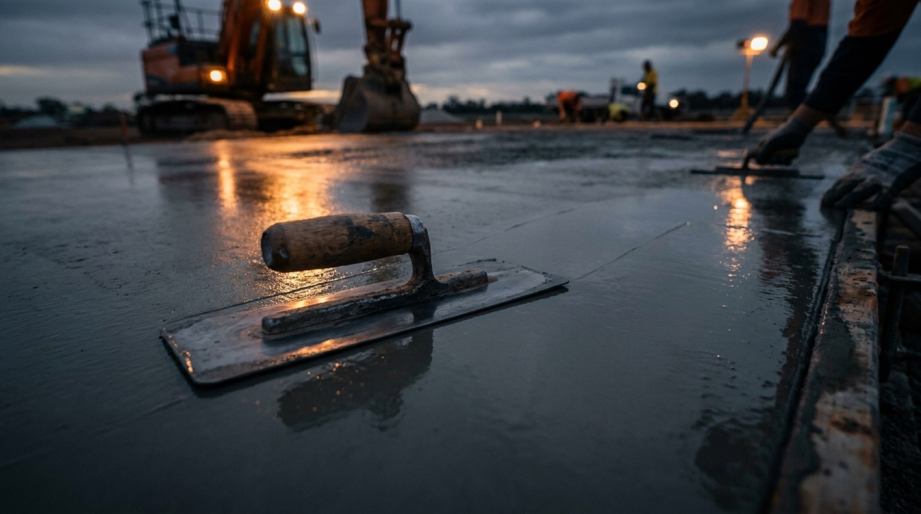 A steel trowel resting on a freshly poured slab at dusk